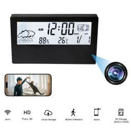 Kamera v budíku FULL HD - Spy Meteo stanica (teplota / vlhkosť) s Wifi / P2P + 32GB pamäť