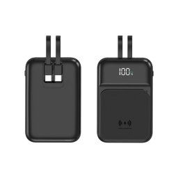 OEM Bezdrôtová Powerbanka s 2 vstavanými káblami, 10000mAh, USB-C + Lightning, 15W, čierna
