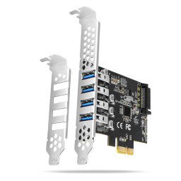 AXAGON PCEU-43RS, PCIe radič, 4x USB 3.2 Gen 1 port, 5 Gbps, napájanie z PCIe alebo SATA, SP & LP PCEU-43RS