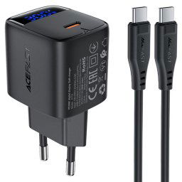 Acefast nabíjačka A115 s digitálnym displejom, GaN, PD 30W, USB-C + USB-C kábel, 1,2 m, čierna