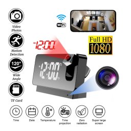 Spionažný digitálny budík so skrytou kamerou FULL HD s Wifi / P2P zrkadlový + projekcia času