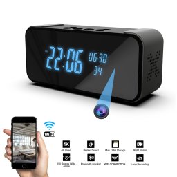Špionážny Budík s Kamerou 4K + WiFi / P2P s IR LED + Bluetooth Reproduktor