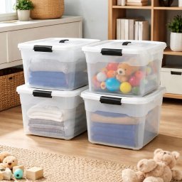 Sada 4 úložných boxov s viečkami, 30 l, plast, priehľadné