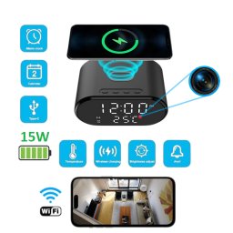 LED stolná bezdrôtová nabíjačka + Spy kamera 4K s IR LED + Wifi P2P s hodinami + budíkom