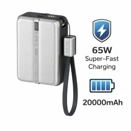 Silná powerbanka 20000 mAh 65 W s integrovaným káblom a pútkom na nosenie