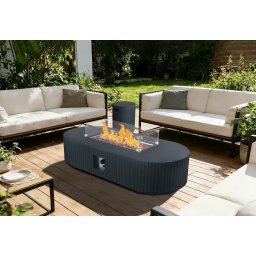 Luxusný stol s ohniskom plynový do záhrady / terasu šedý oválny vrúbkovaný 152×74 cm - VELA