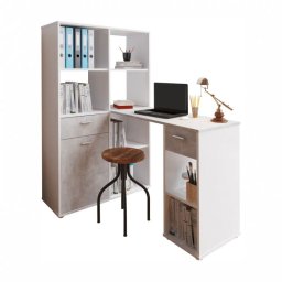 Kondela Rohový PC stôl, 124x90cm, s regálom, biely, betón, MINESON