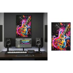 Pop art farebná gitara moderná dekorácia – LED svietiaci obraz na stenu – 63 × 93 cm