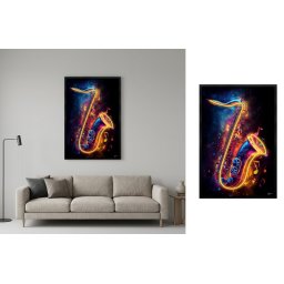 Hudobný obraz na stenu s LED efektom – pop art neónový saxofón – 63 × 93 cm