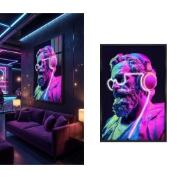 Nástenný obraz s neónovými slúchadlami – pop art LED dekorácia na stenu – 63 × 93 cm