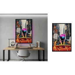 Pop art zábavný LED svetelný obraz na stenu – Cool opica v meste – 63 × 93 cm