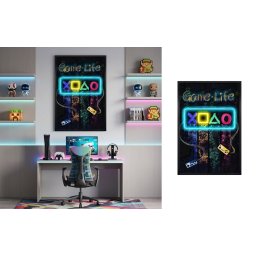 Pop art obraz na stenu pre hráčov s nápisom GAME LIFE – LED dekorácia – 63 × 93 cm