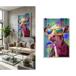 Nástenný obraz štýlovej kravy s okuliarmi – pop art LED dekorácia na stenu – 63 × 93 cm