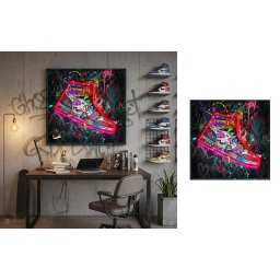 Neónová teniska - LED obraz na stenu v graffiti pop art štýle - 83 × 83 cm