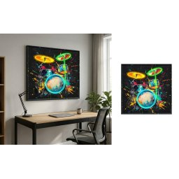 Pop art hudobný LED nástenný obraz – bicie v modernom neon štýle – 83 × 83 cm