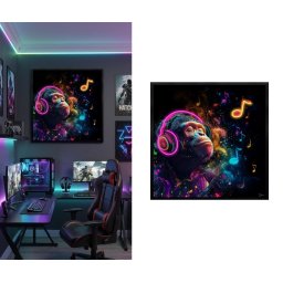 Pop art LED moderný obraz – Opica so slúchadlami v neónovom hudobnom štýle - 83 × 83 cm