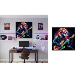 Lev s basgitarou v neon štýle - pop art LED hudobný obraz na stenu - 83 × 83 cm