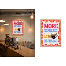 LED obraz s motivačným nápisom – More Espresso, Less Depresso 63 × 83 cm