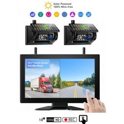 Solárny parkovací set – 10" monitor + 2× WiFi HD magnetická kamera, IR LED, 9600 mAh batéria, IP69
