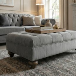 Sofa Style Chesterfield Velvet Footstool in Steel Grey