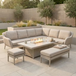 Harbour Lifestyle Luna Outdoor Fabric Rectangular Corner Dining Set with Rising Firepit Table in Fawn (Right Hand)