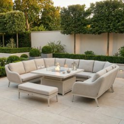 Harbour Lifestyle Luna U-Shape Outdoor Fabric Corner Dining with Rising Firepit Table in Fawn