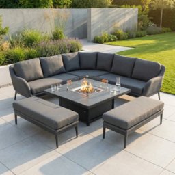 Harbour Lifestyle Luna Deluxe Outdoor Fabric Square Corner Dining Set with Rising Firepit Table in Grey
