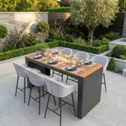 Harbour Lifestyle Luna 6 Seat Outdoor Fabric Teak Firepit Bar Set in Oyster Grey