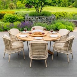 4 Seasons Outdoor Puccini 6 Seat Round Dining Set with Lazy Susan in Latte