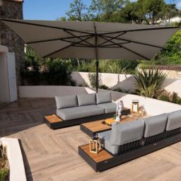4 Seasons Outdoor Hacienda 3m x 4m Cantilever Parasol With Granite Base & Cover in Taupe