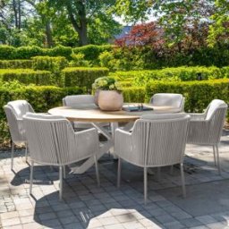 4 Seasons Outdoor Bernini 6 Seat Round Dining with Teak Table in Light Grey
