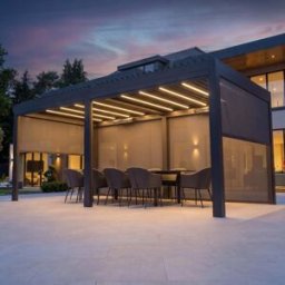 Harbour Lifestyle PergoSTET Deluxe 3m x 6m Rectangular Pergola with Motorised LED Louvres and 4 Manual Side Blinds in Grey