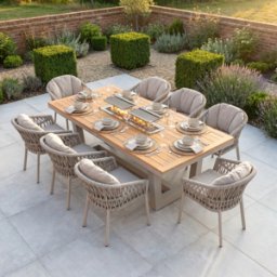 Harbour Lifestyle Pello 8 Seat Rectangular Teak Firepit Dining Set in Fawn
