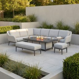 Harbour Lifestyle Luna Outdoor Fabric Rectangular Corner Dining Set with Rising Firepit Table in Oyster Grey (Left Hand)