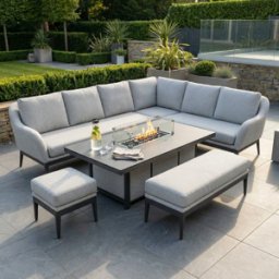 Harbour Lifestyle Luna Outdoor Fabric Rectangular Corner Dining Set with Rising Firepit Table in Oyster Grey (Right Hand)
