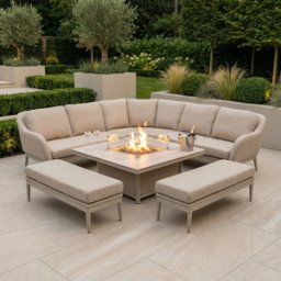 Harbour Lifestyle Luna Deluxe Outdoor Fabric Square Corner Dining Set with Rising Firepit Table in Fawn
