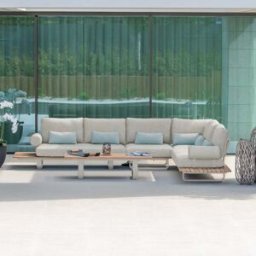 Harbour Lifestyle Bay Large Corner Group Set with 4 Waist Pillows and Teak Table in Latte