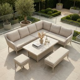 Harbour Lifestyle Luna Outdoor Fabric Rectangular Corner Dining Set with Rising Table in Fawn (Right Hand)