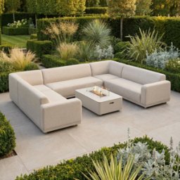 Harbour Lifestyle Luna U-Shape Outdoor Fabric Sofa Set with Firepit Coffee Table in Fawn