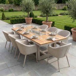 Harbour Lifestyle Luna 8 Seat Outdoor Fabric Rectangular Teak Firepit Dining Set in Fawn