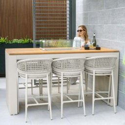 Harbour Lifestyle Kalama 6 Seat Rope Teak Firepit Bar Set in Latte