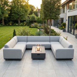 Harbour Lifestyle Luna U-Shape Outdoor Fabric Sofa Set with Firepit Coffee Table in Oyster Grey
