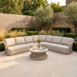 Harbour Lifestyle Pello Deluxe Curved Sofa Set with Round Coffee Table in Fawn