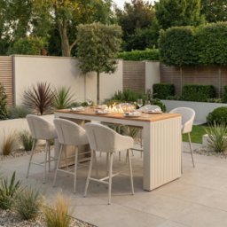 Harbour Lifestyle Luna 6 Seat Outdoor Fabric Teak Firepit Bar Set in Fawn