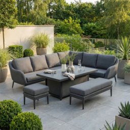 Harbour Lifestyle Luna Outdoor Fabric Rectangular Corner Dining Set with Rising Table in Grey (Right Hand)