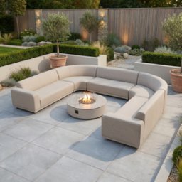 Harbour Lifestyle Luna U-Shape Outdoor Fabric Curved Corner Group with Round Firepit Coffee Table in Fawn