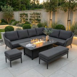 Harbour Lifestyle Luna Outdoor Fabric Rectangular Corner Dining Set with Rising Firepit Table in Grey (Right Hand)