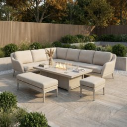 Harbour Lifestyle Luna Outdoor Fabric Rectangular Corner Dining Set with Rising Firepit Table in Fawn (Left Hand)