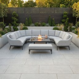 Harbour Lifestyle Luna U-Shape Outdoor Fabric Corner Dining with Rising Firepit Table in Oyster Grey