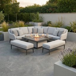 Harbour Lifestyle Luna Deluxe Outdoor Fabric Square Corner Dining Set with Rising Firepit Table in Oyster Grey